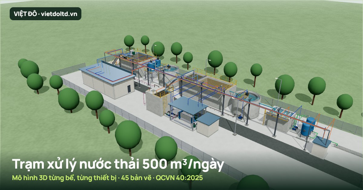 Mô hình 3D trạm xử lý nước thải 500 m³/ngày đêm dùng cho khái toán chi phí – Việt Đô